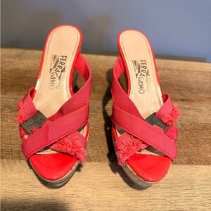 Salvatore Ferragamo Coral-Red Crisscross Fringe Wedge Sandals